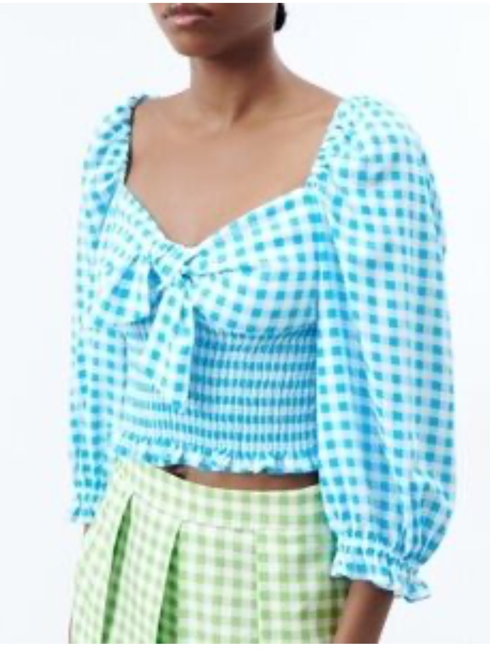 Zara Blue Gingham Smocked Crop Top XS Puff Sleeve Tie Front Cowgirl Barbie